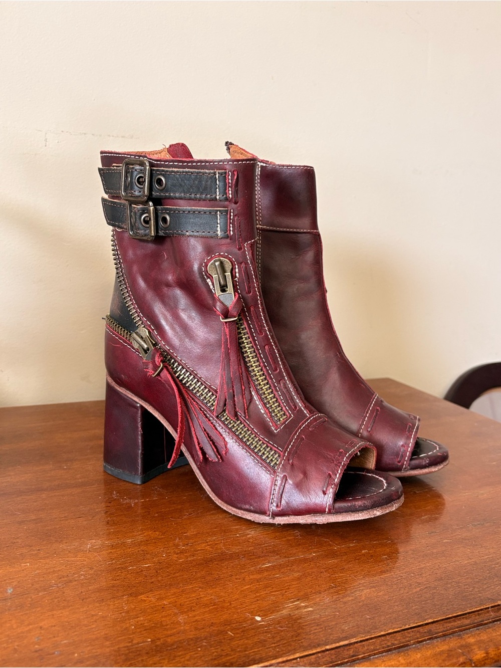 Freebird by Steven Zombie Burgundy Leather Peep-Toe Ankle Boots